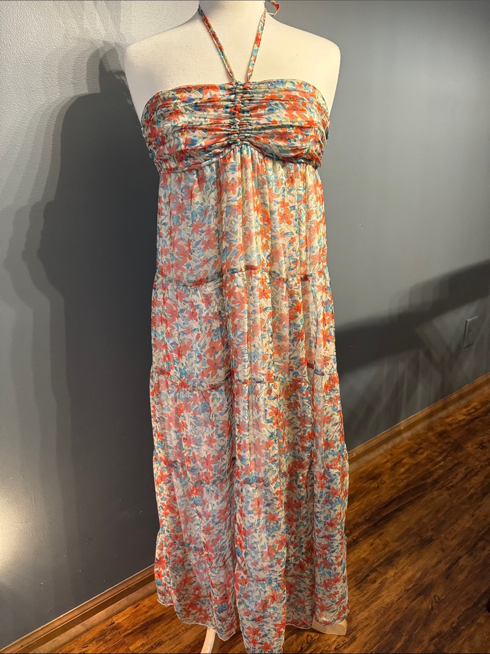 Rachael & Chloe Strapless Floral Dress in Coral, Teal & White